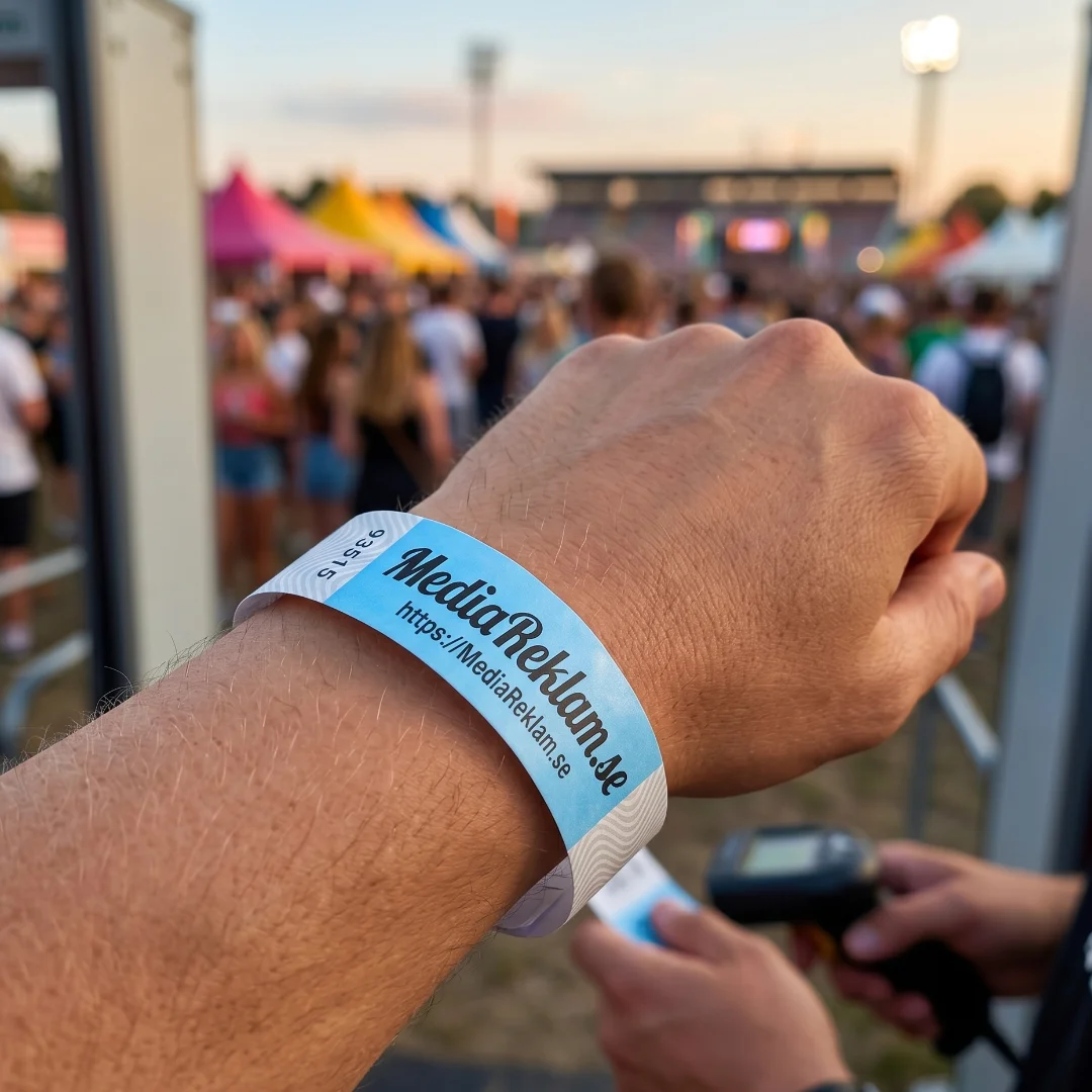 Blått festivalarmband med MediaReklam.se-logo och serienummer