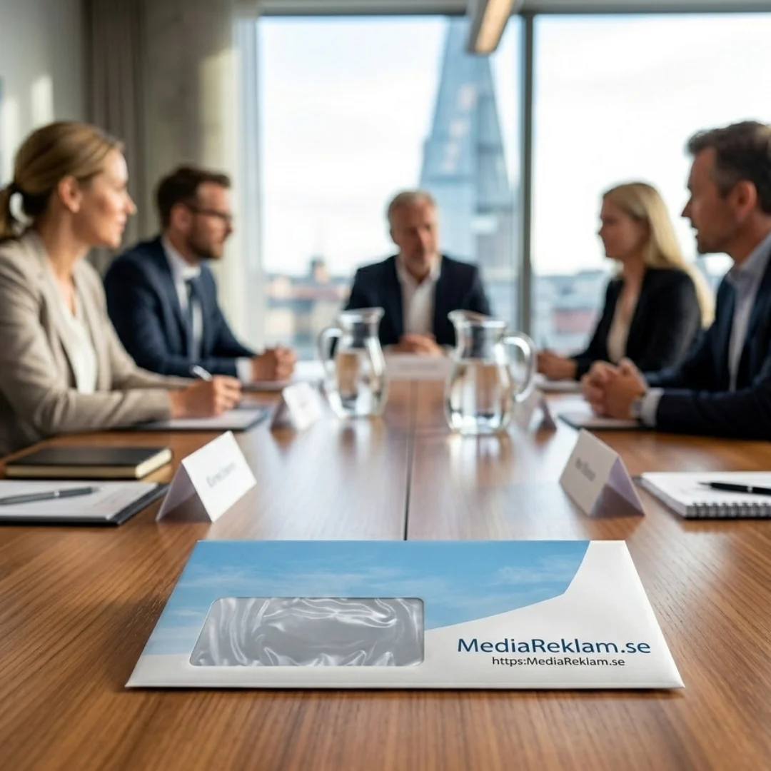 Kuvert med tryck med logotyp, fönster och professionell företagsprofil